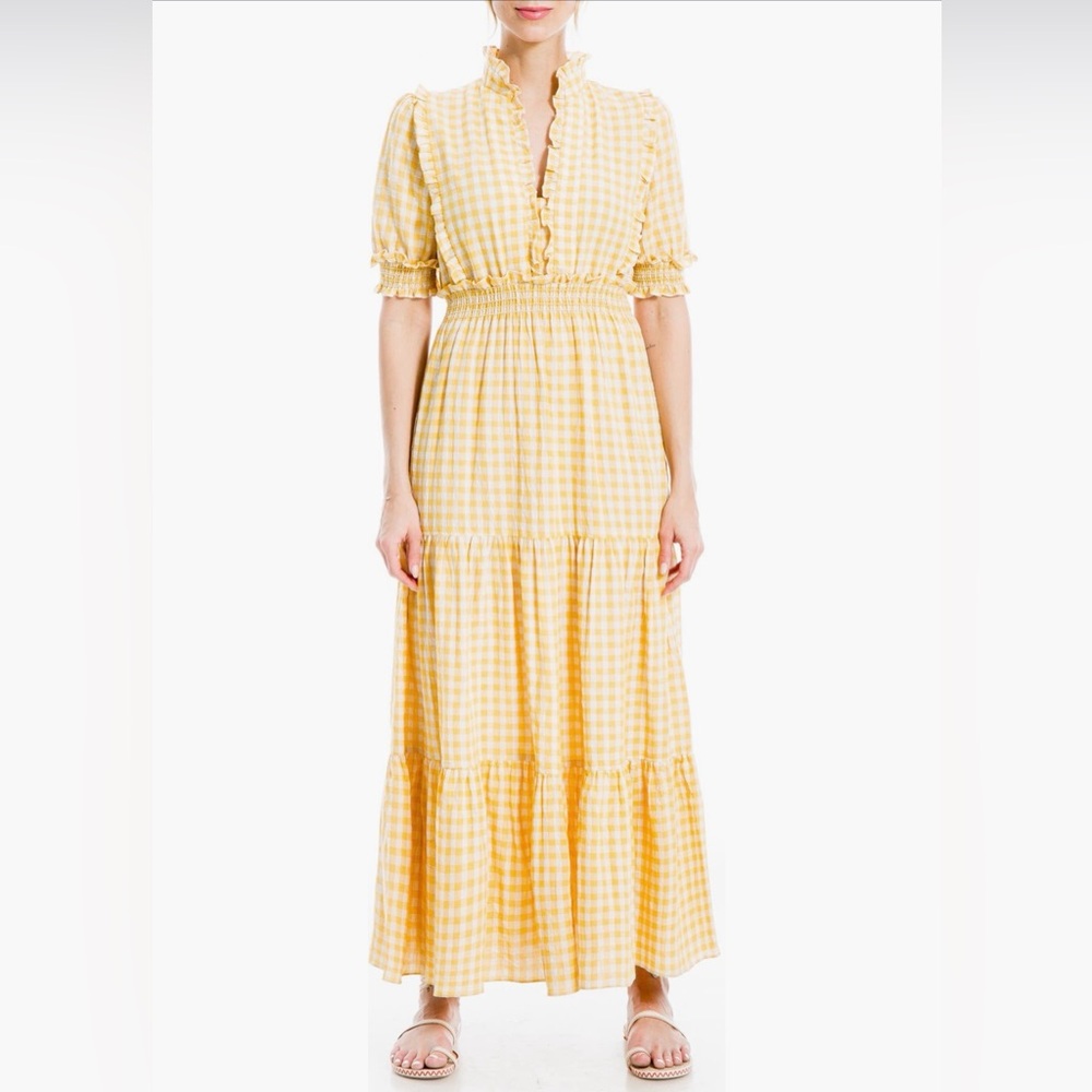 Max Studio Gingham Short Sleeve Tiered Maxi Dress